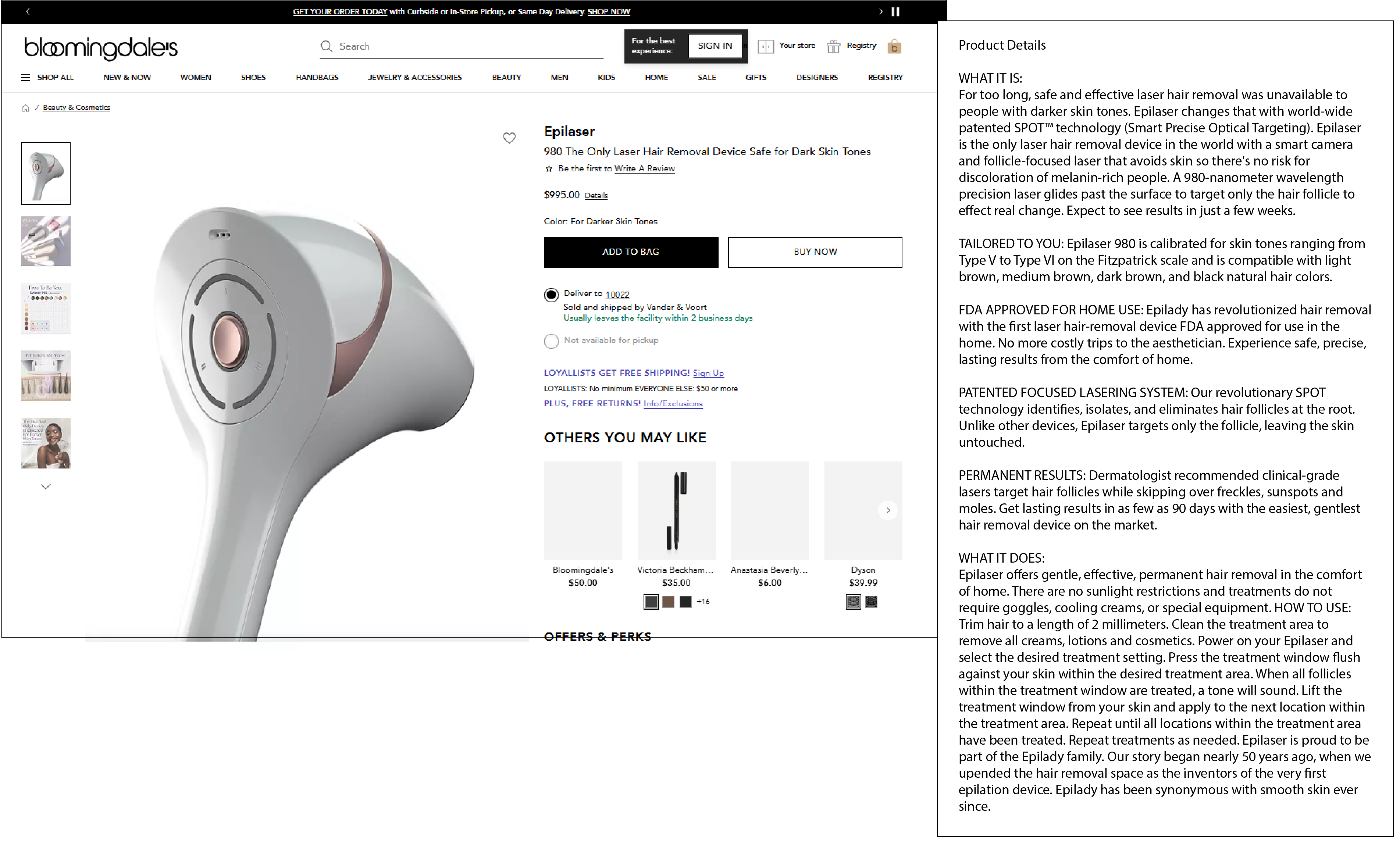 pilaser 980 listing on Bloomingdales